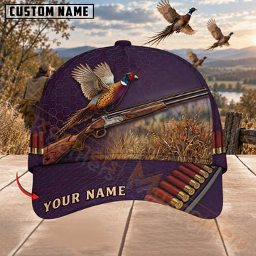 Maxcorners Upland Bird Hunting Purple Flying Pheasant & Shotgun Personalized Name 3D Cap