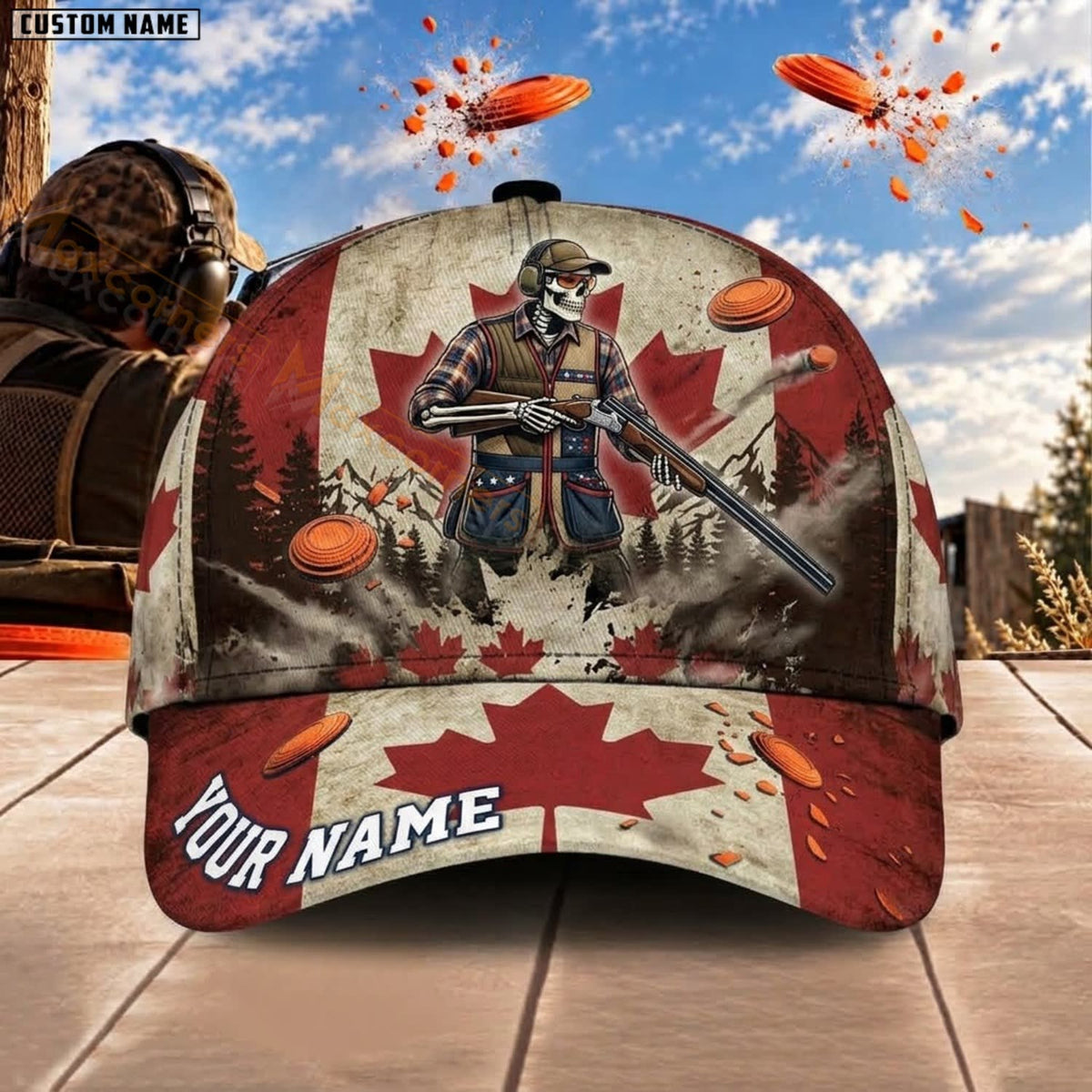 Maxcorners Trap & Skeet Shooting Canadian Flag Skull Personalized Name 3D Cap
