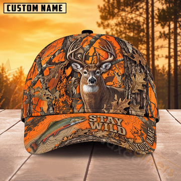 Maxcorners Deer Hunting Orange Woodland Camo Stay Wild Personalized Name 3D Cap