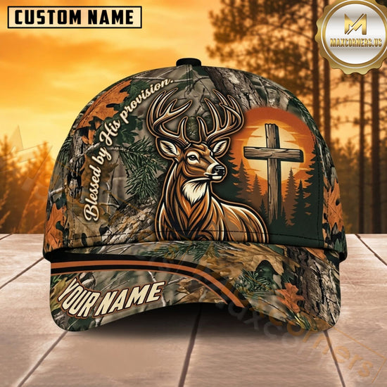 Maxcorners Deer Hunting Whitetail Deer Skull Glowing Cross Autumn Camo Customized Name 3D Cap