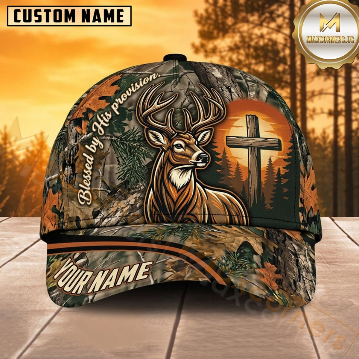 Maxcorners Deer Hunting Whitetail Deer Skull Glowing Cross Autumn Camo Customized Name 3D Cap
