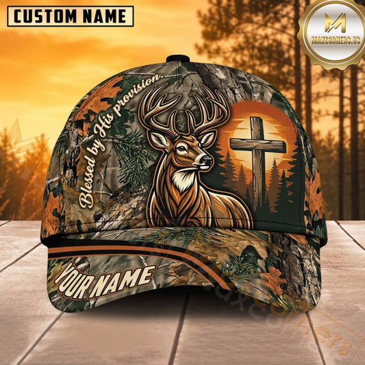 Maxcorners Deer Hunting Whitetail Deer Skull Glowing Cross Autumn Camo Customized Name 3D Cap