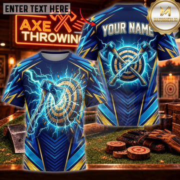Maxcorners Axe Throwing Electric Blue Lightning Target Personalized Name 3D Unisex Shirt