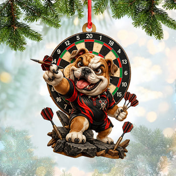 Maxcorners Darts Lover Cute English Bulldog Mascot, Throwing Darts, Target Board Personalized Name Ornament 2D Flat