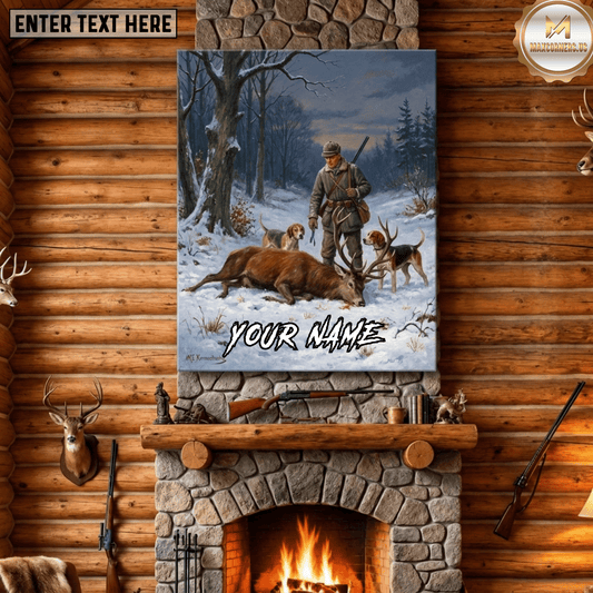 Maxcorners Deer Hunting Hunter Hounds Stag Snowy Winter Forest Hunt Scene Canvas Wall Art