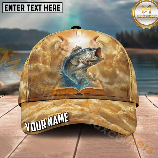 Maxcorners Fishing Golden Faith Open Bible Splash Personalized Name 3D Cap (12 Fish Species)