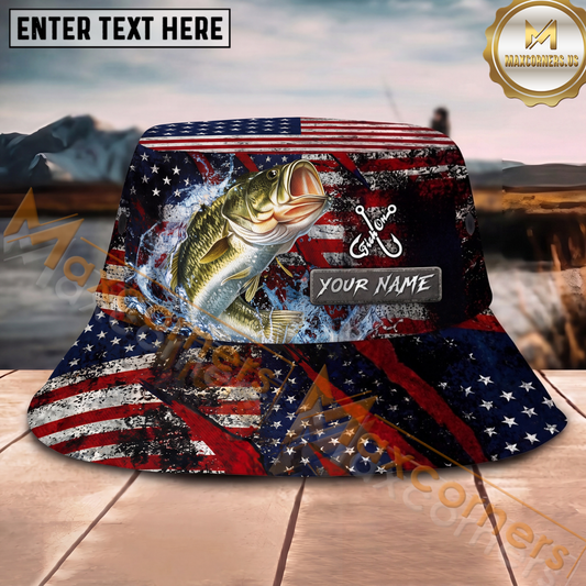 Maxcorners Fishing American Flag Personalized Name 3D Bucket Hat (12 Fish Species)