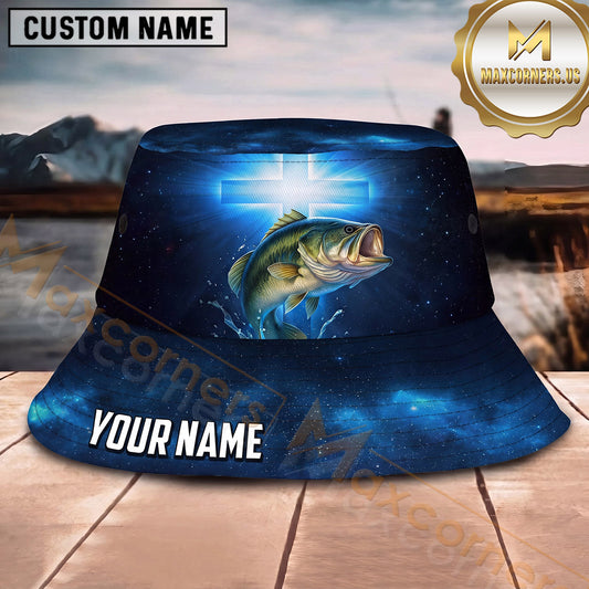 Maxcorners Fishing Green Camo Fishing Adventure with Dynamic Splash Personalized Name 3D Bucket Hat (13 Fish Species)