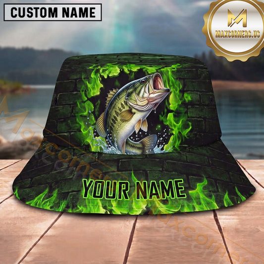 Maxcorners Fishing Neon Green Flame Personalized Name 3D Bucket Hat (12 Fish Species)