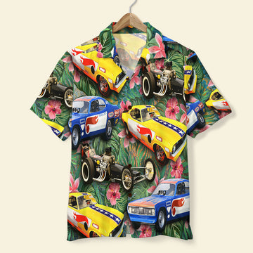 Maxcorners Drag Racing Custom Car Photos with Floral Pattern, Personalized Hawaiian Shirt, Gifts for Drag Racers (Up to 5 photos)