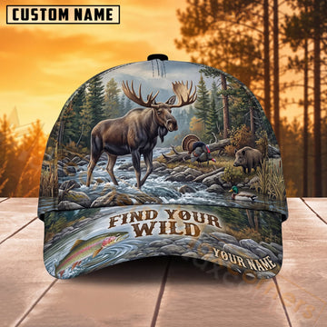 Maxcorners Moose Hunting Wilderness Find Your Wild Personalized Name 3D Cap