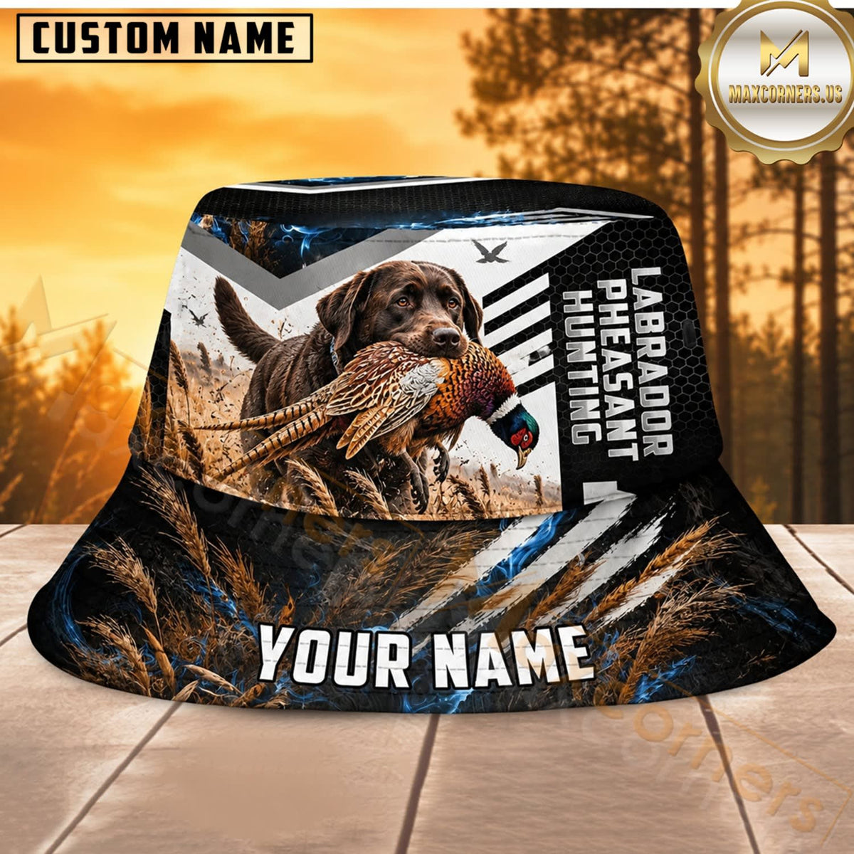 Maxcorners Labrador Duck Hunting Black Blue Marsh Personalized Name 3D Bucket Hat