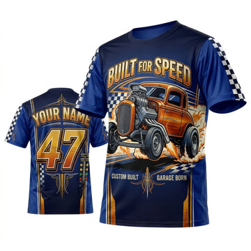 Maxcorners Personalized Car Classic Muscle Car 3D T-Shirt – Built For Speed Royal Blue Gold Classic Hot Rod
