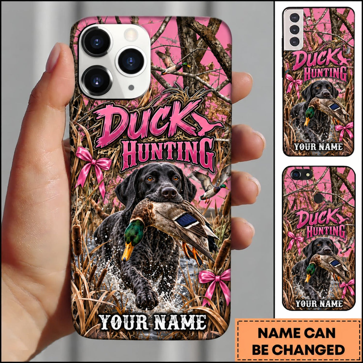Maxcorners Duck Hunting German Wirehaired Pointer Pink Duck Hunting Graphic Personalized Name 3D Phone Case - Black Labrador Retriever