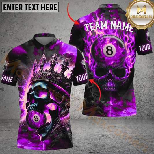 Maxcorners Billiard Pool Ball Inferno Skull Personalized Name Men And Women 3D Polo Shirt Custom Billiard Team Jersey (4 Colors)