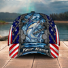 Maxcorners Fishing American Flag Metal Chain Personalized Name 3D Cap (12 Fish Species)