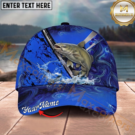 Maxcorners Fishing Blue Swirl Water Splash Personalized Name 3D Cap (12 Fish Species)