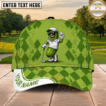 Maxcorners Golf Funny Pickle Golfer Mascot Argyle Pattern Personalized Name 3D Classic Cap