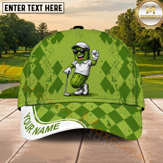Maxcorners Golf Funny Pickle Golfer Mascot Argyle Pattern Personalized Name 3D Classic Cap