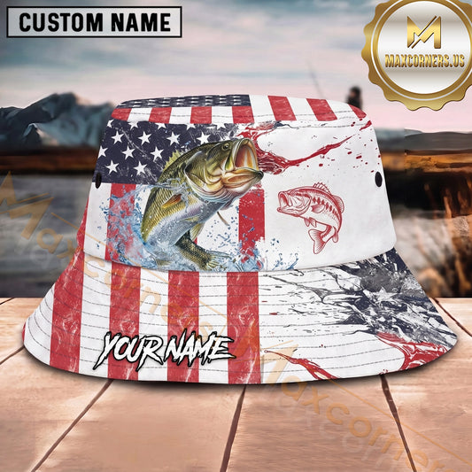 Maxcorners Fishing Patriotic Flag Personalized Name 3D Bucket Hat (12 Fish Species)