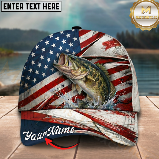 Maxcorners Fishing Vintage American Flag Grunge Personalized 3D Cap (12 Fish Species)