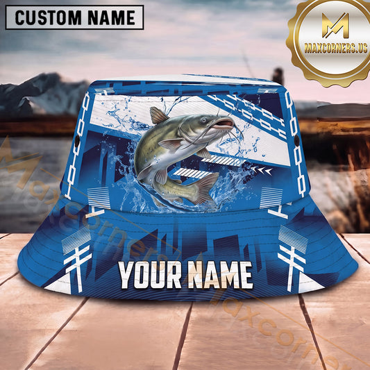 Maxcorners Fishing Blue Tech Geometric Water Splash Personalized 3D Bucket Hat (13 Fish Species)