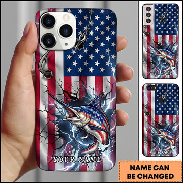Maxcorners Marlin Fishing Phone Case American Flag Lightning Design Personalized Name 3D Phone Case