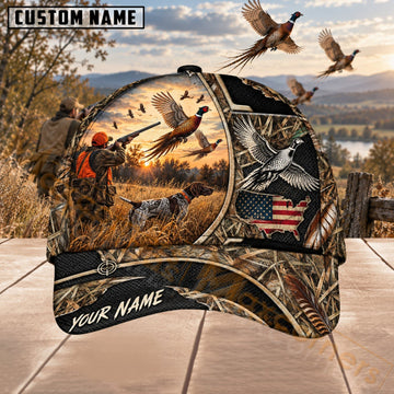 Maxcorners Upland Bird Hunting Sunset Pheasant American Flag Personalized Name 3D Cap