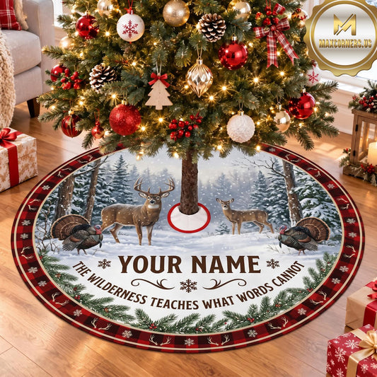 Maxcorners Hunting Deer Snowy Forest Plaid Personalized Name 3D Christmas Tree Skirt