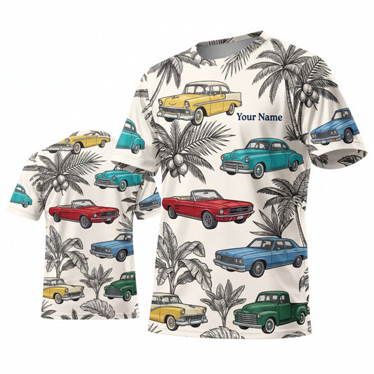Maxcorners Personalized Car Classic Muscle Car 3D T-Shirt – White Tropical Palm Trees and Colorful Vintage Cars