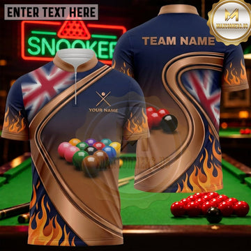Maxcorners Snooker Navy Bronze Union Jack Flame Personalized Name 3D Unisex Shirt