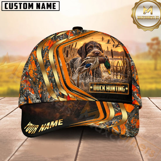 Maxcorners Dog Hunting And Duck Orange Camo Curved Stripe Marsh Scene Multiple Options Personalized Name 3D Cap
