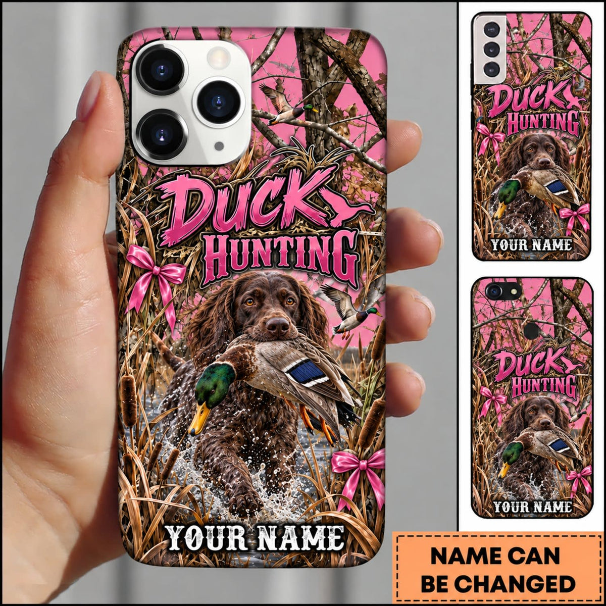 Maxcorners Duck Hunting German Wirehaired Pointer Pink Duck Hunting Graphic Personalized Name 3D Phone Case - Boykin Spaniel