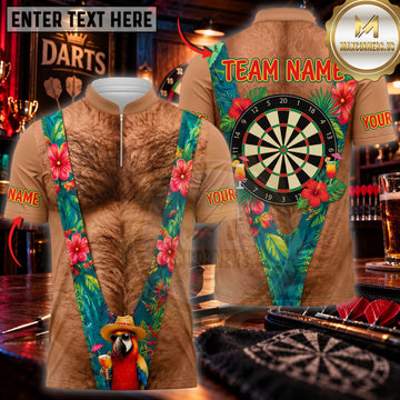Maxcorners Darts Funny Hairy Chest Tropical Hawaiian Lei Classic Dartboard Personalized Name 3D Unisex Shirt