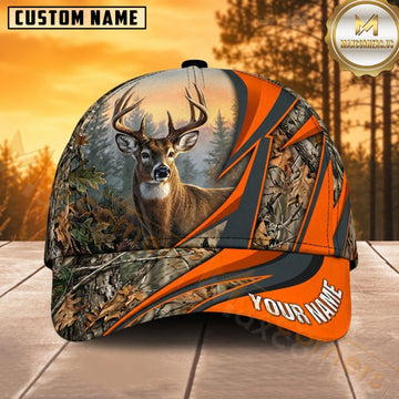 Maxcorners Deer Hunting Whitetail Buck Blaze Orange Lightning Stripe Woodland Camo Customized Name 3D Cap
