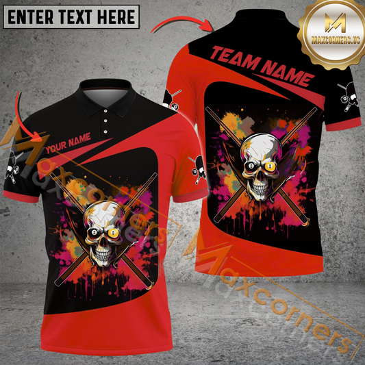 Maxcorners Billiard Skull Colorful Multicolor Options Personalized Name, Team Name 3D Polo Shirt (4 Colors)