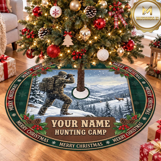 Maxcorners Hunting Deer Lake Hunting Camp Personalized Name 3D Christmas Tree Skirt