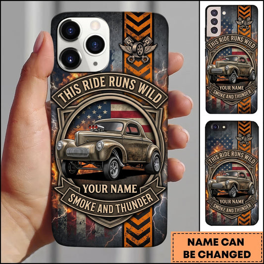 Maxcorners Hot Rod Brown Vintage Car with Chevron Racing Stripes and Retro Garage Badge Personalized Name 3D Phone Case