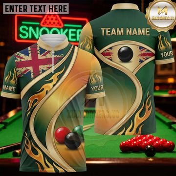 Maxcorners Snooker Forest Green Gold Union Jack Flame Personalized Name 3D Unisex Shirt