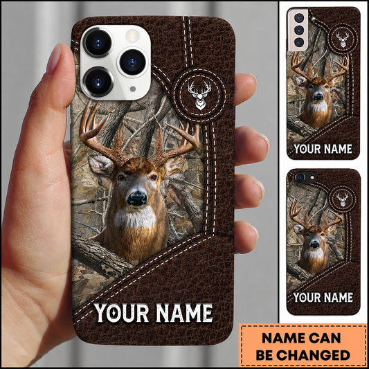 Maxcorners Hunting Deer Rustic Leather Woodland Camo Customized Name Phone Case