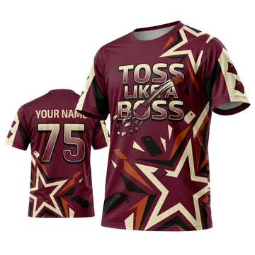 Maxcorners Cornhole Toss Like A Boss Burgundy Gold Star Personalized Name 3D Unisex Shirt
