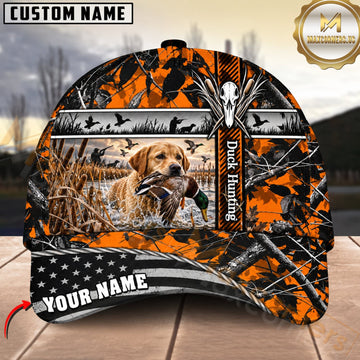 Maxcorners Dog Hunting And Duck Orange Black Geometric Camo Hunting Scene Multiple Options Personalized Name 3D Cap