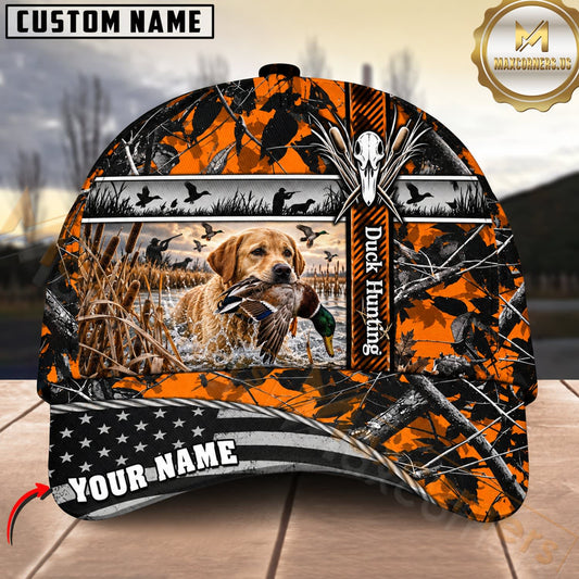 Maxcorners Dog Hunting And Duck Orange Black Geometric Camo Hunting Scene Multiple Options Personalized Name 3D Cap