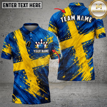 Maxcorners Bowling Sweden Flag Dynamic Brush Stroke Personalized Name 3D Unisex Shirt