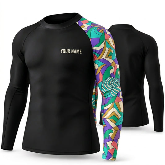 Maxcorners Personalized Abstract Tattoo Black Shirt with Colorful Geometric Sleeve 3D All Over Printed Shirts, Best Gifts for Art Lovers