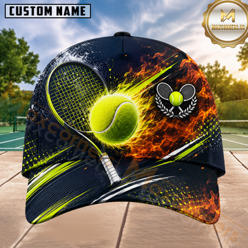 Maxcorners Tennis Fire Splash Flaming Ball Personalized Name 3D Cap