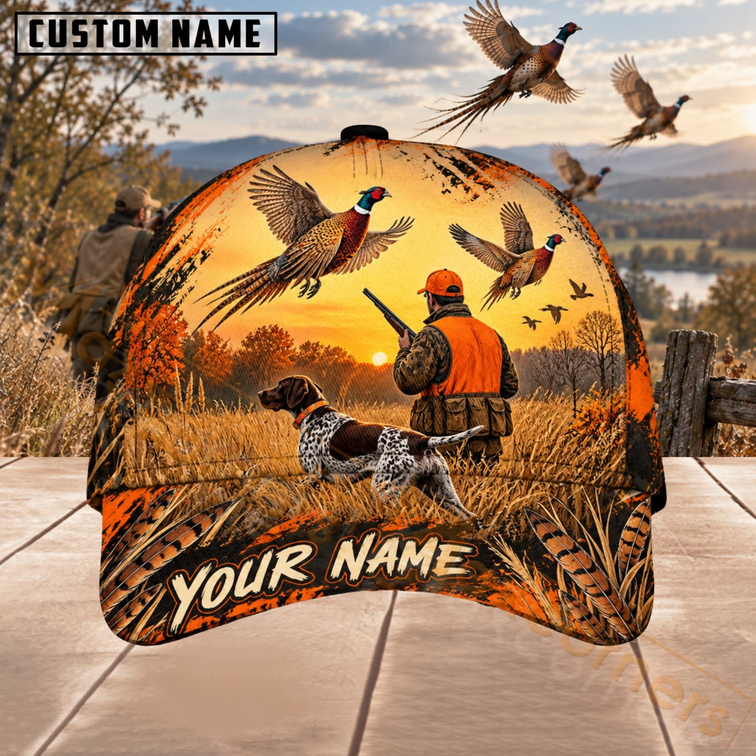 Maxcorners Upland Bird Hunting Golden Sunset Pheasant Dog Scene Personalized Name 3D Cap