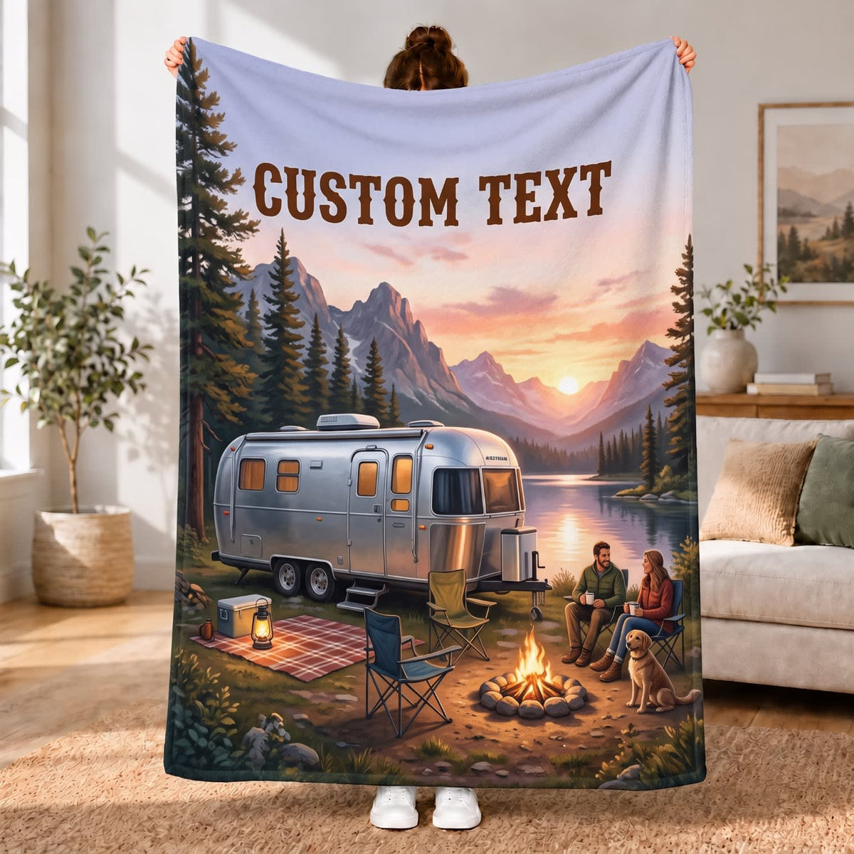 Maxcorners RVs Travel Trailer Mountain Sunset Campfire Custom Name 3D Blanket
