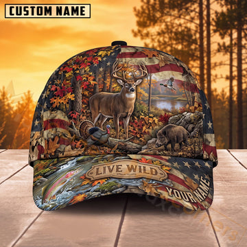 Maxcorners Elk Hunting American Flag Live Wild Personalized Name 3D Cap