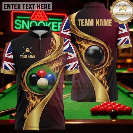 Maxcorners Snooker Black Burgundy Gold Union Jack Swirl Personalized Name 3D Unisex Shirt